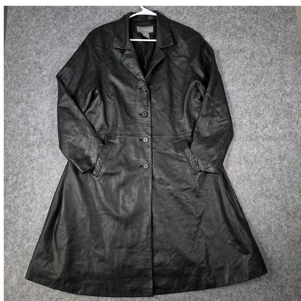 Vintage Leather Trench Coat Long Lined Black Button 12 Dark‎ Academia 90s Sleek